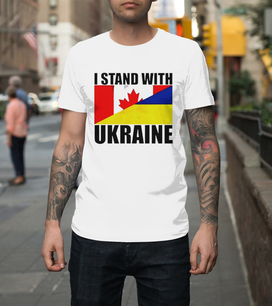 I Stand With Ukraine Canada Flag Maple Leaf Yellow Blue T-Shirt