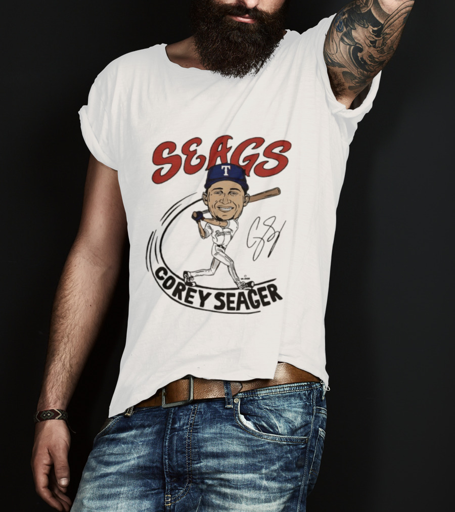 Seags Corey Seager Texas Rangers Slugger Swing Caricature T-Shirt