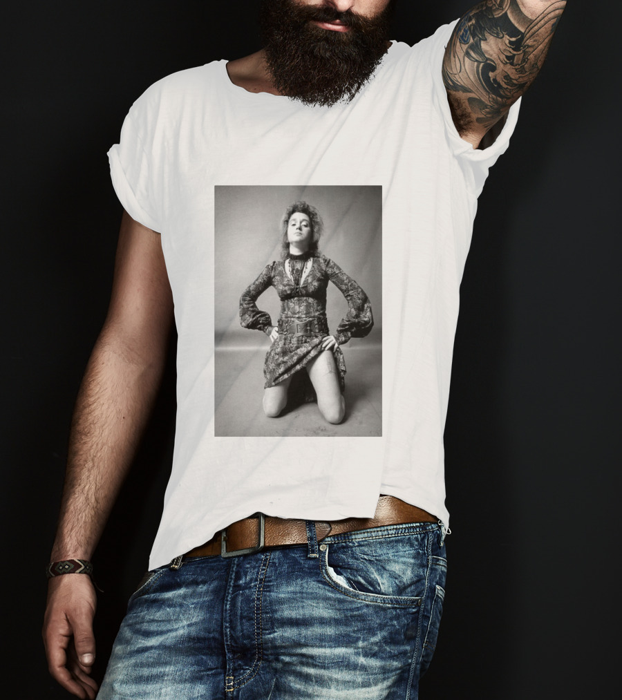 Valie Export Iconic Performance Tribute Kneeling Image With Patterned Dress And Belt T-Shirt