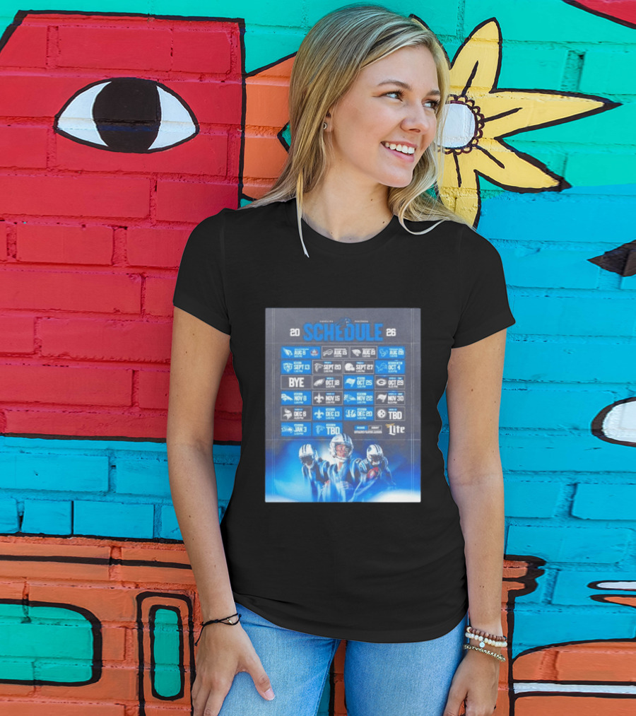 Carolina Panthers 2026 Game Schedule With Player Imagery And Opponent Logos T-Shirt
