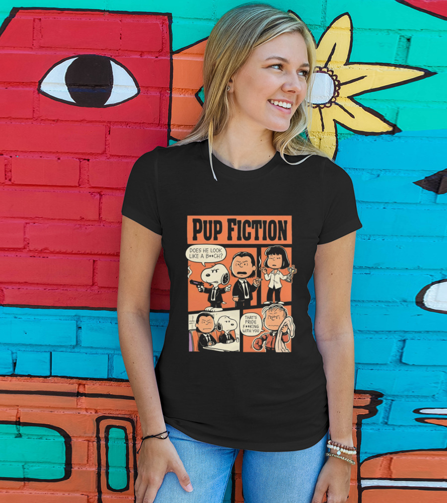 Pup Fiction Peanuts And Pulp Fiction Characters Mashup T-Shirt