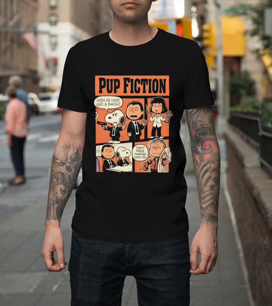 Pup Fiction Peanuts And Pulp Fiction Characters Mashup T-Shirt