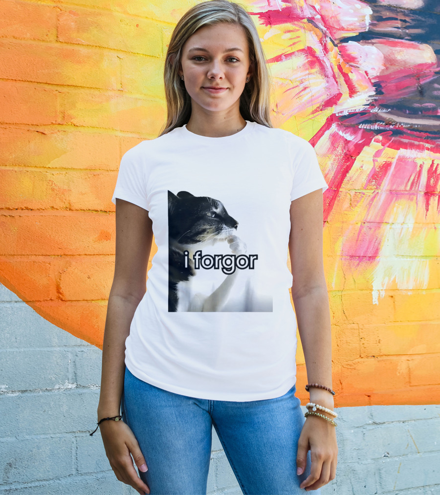 Cat I Forgor Meme Digital Image Paw Licking Pensive Moment T-Shirt