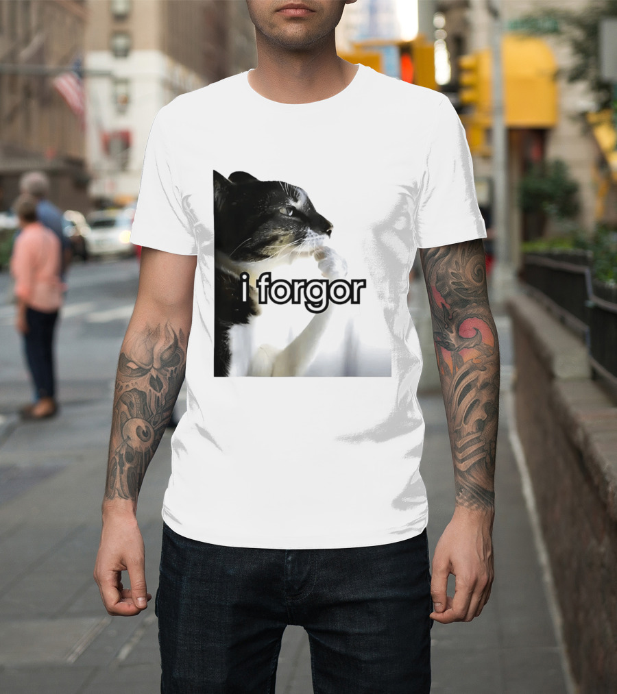Cat I Forgor Meme Digital Image Paw Licking Pensive Moment T-Shirt