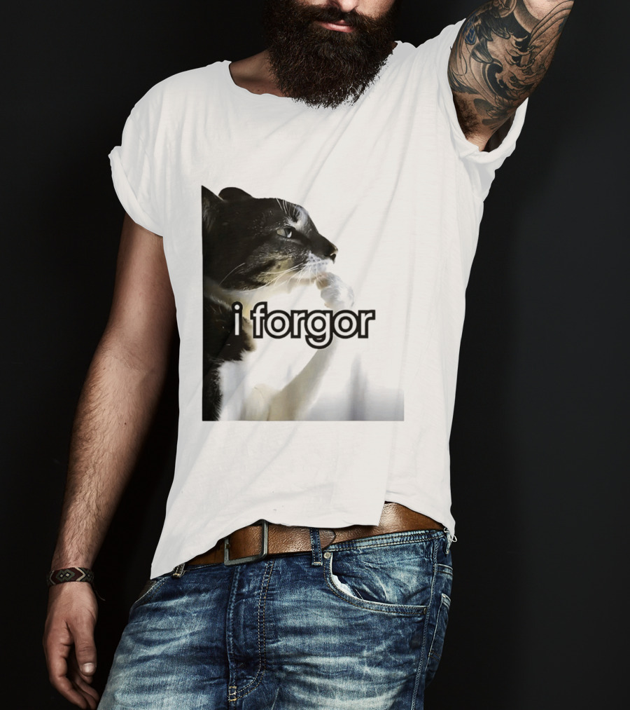 Cat I Forgor Meme Digital Image Paw Licking Pensive Moment T-Shirt