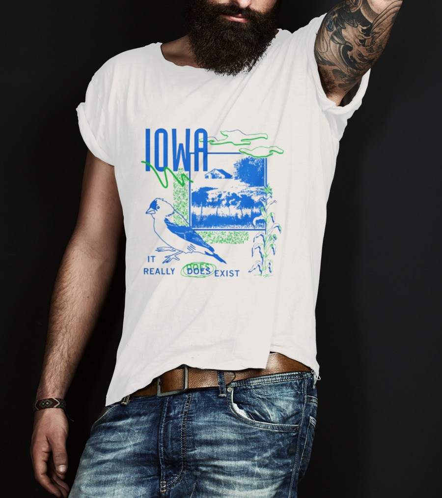 Iowa It Really Does Exist 90s Style Scenic Landscape Bird And Cornfield T-Shirt