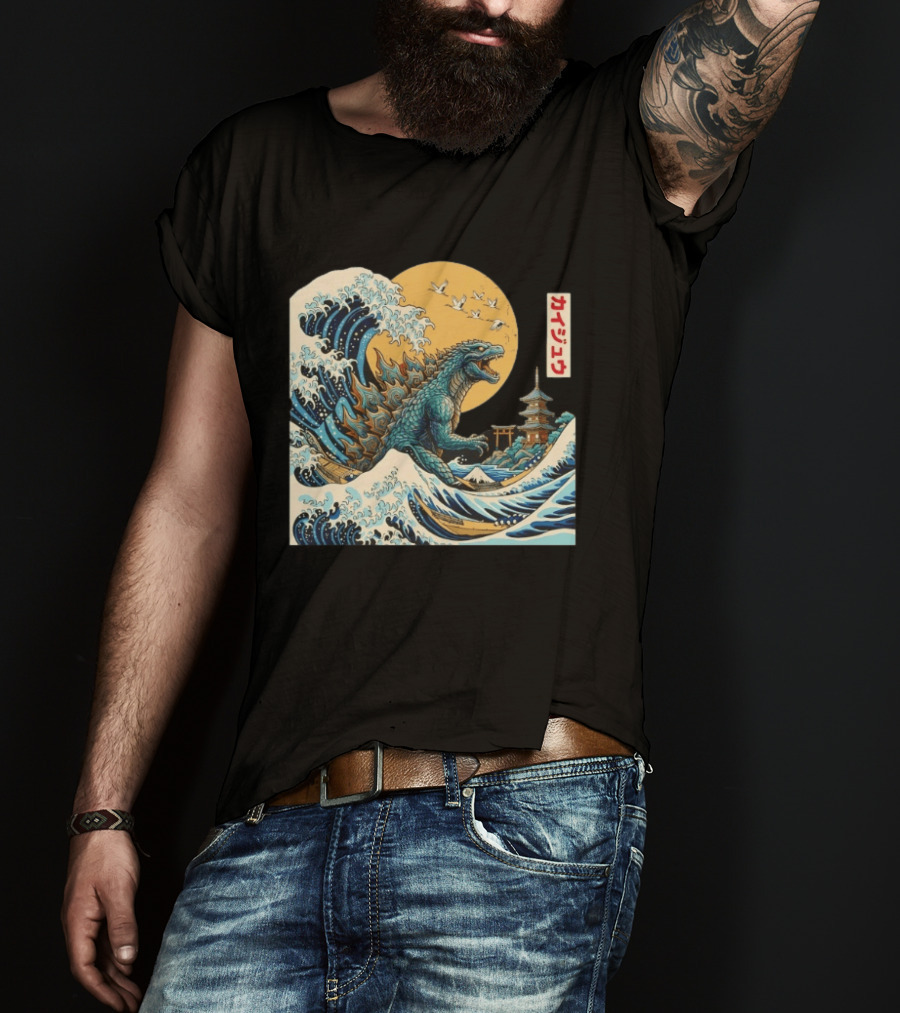 Kaiju Wave Monster Japanese Kawaki Kanji Pagoda Ukiyo E T-Shirt