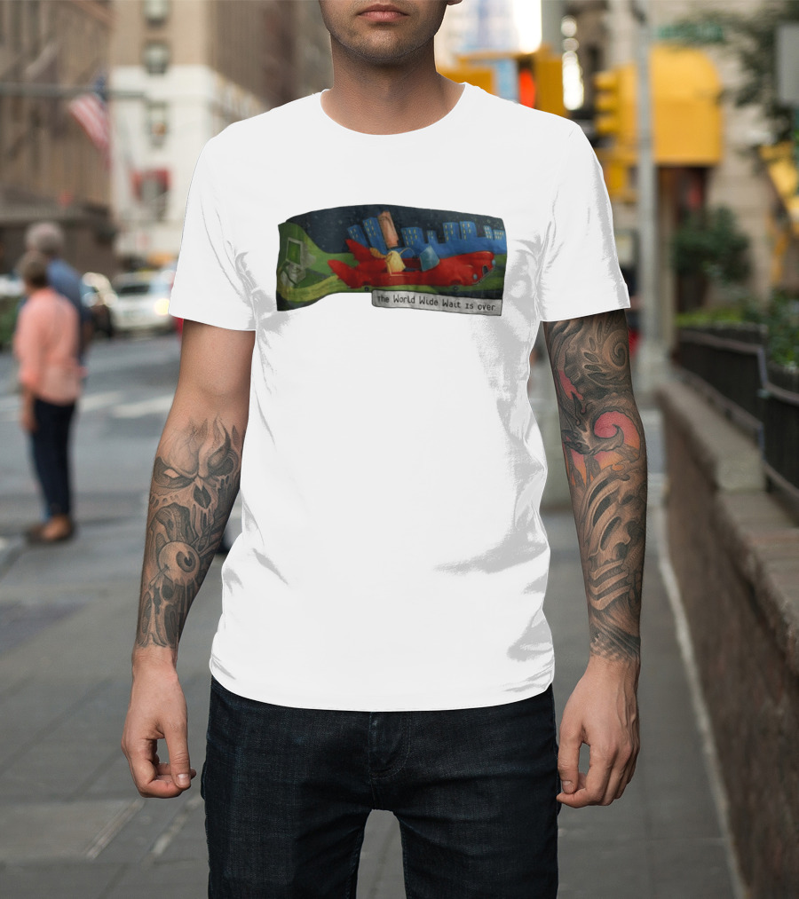 The World Wide Wait Is Over Red Car Cityscape Adventure T-Shirt