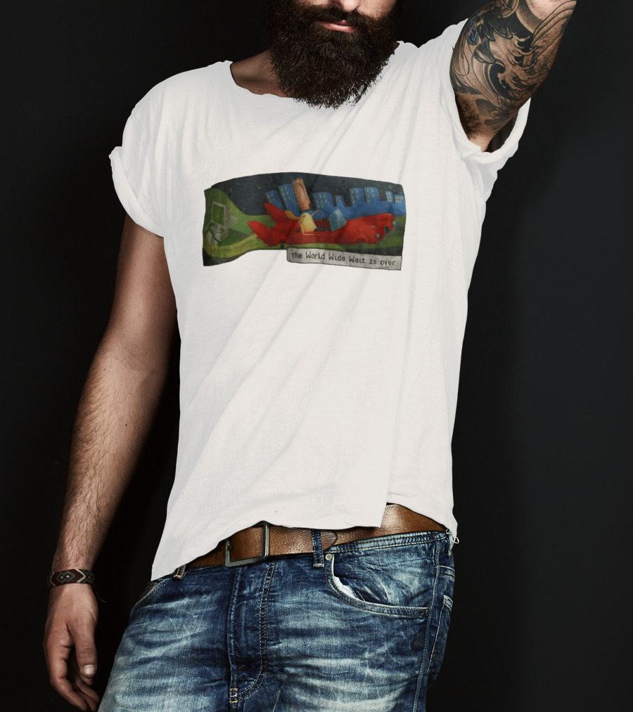 The World Wide Wait Is Over Red Car Cityscape Adventure T-Shirt