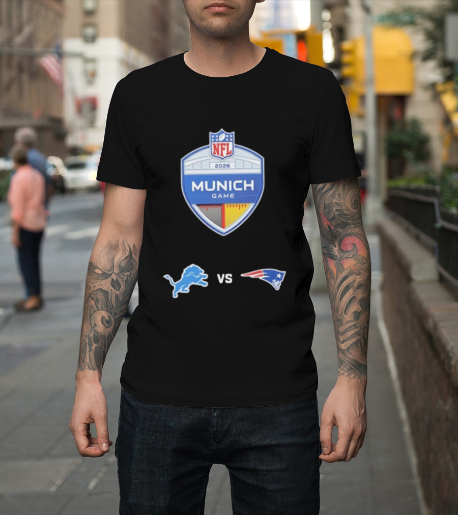 Detroit Lions Vs New England Patriots NFL 2026 Munich Game Matchup T-Shirt