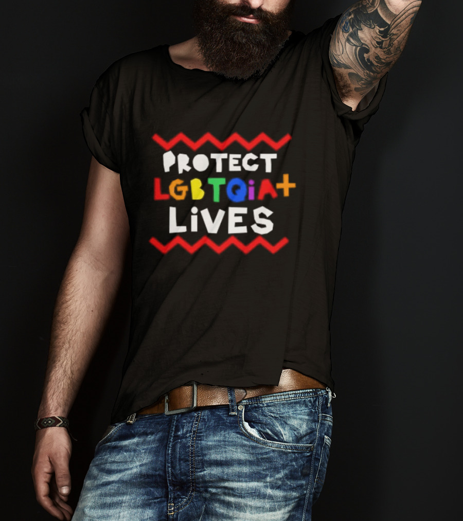 Protect LGBTQIA+ Lives Rainbow Letters With Red Zigzag Lines T-Shirt