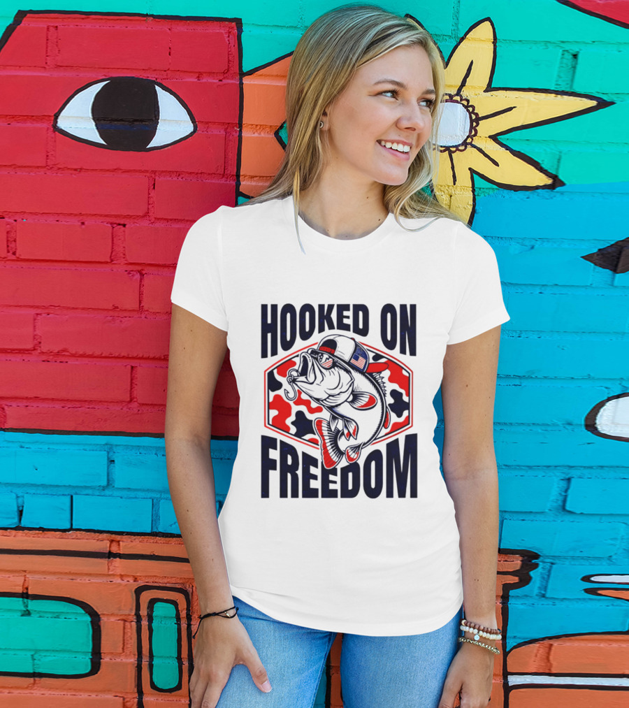Hooked On Freedom Patriotic Fish Camo Hat T-Shirt