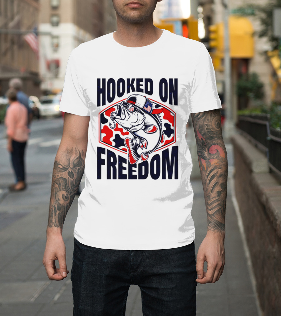 Hooked On Freedom Patriotic Fish Camo Hat T-Shirt