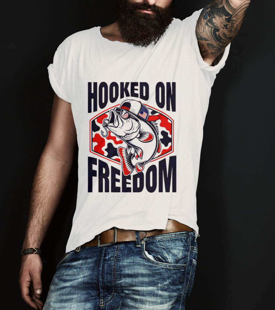 Hooked On Freedom Patriotic Fish Camo Hat T-Shirt