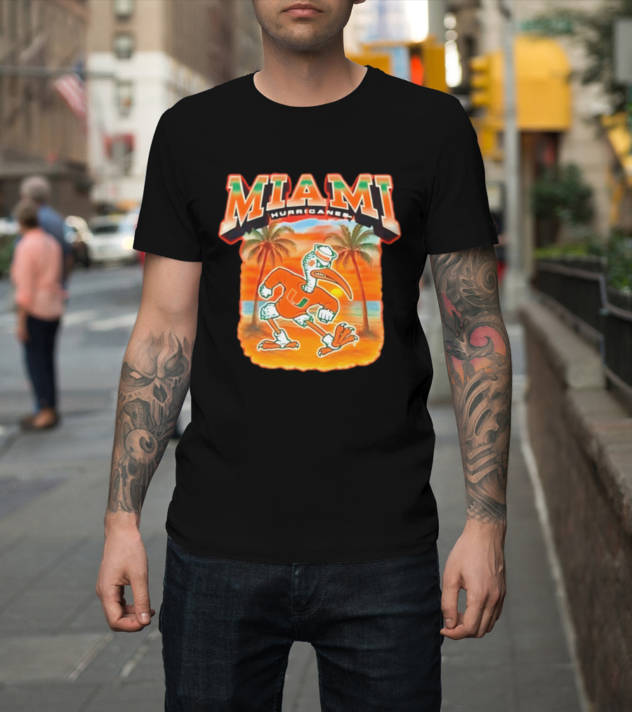 Miami Hurricanes Sebastian With Palm Trees And Sunset Beach Scene T-Shirt