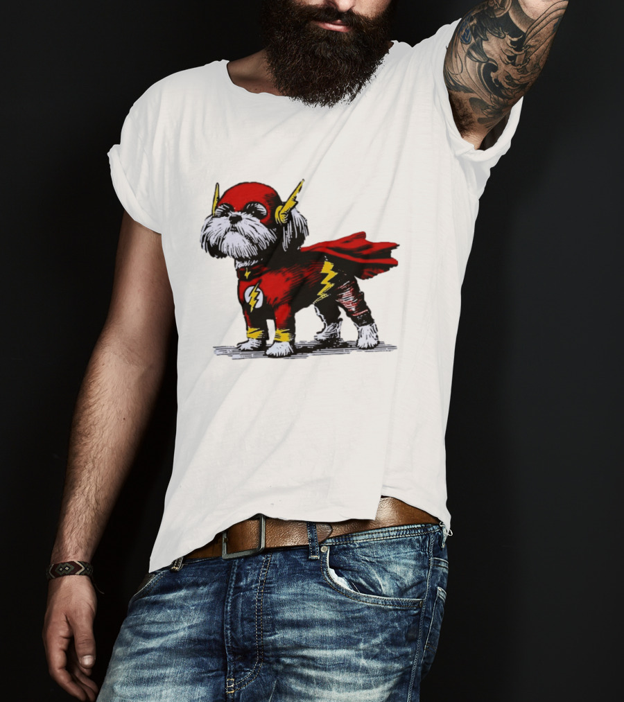 Shih Tzu Dog In The Flash Superhero Costume With Lightning Bolt T-Shirt