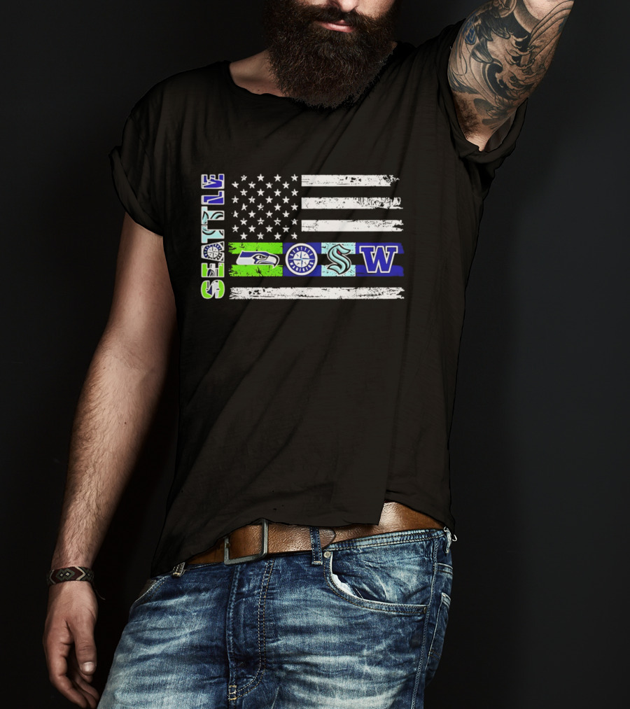 Seattle Seahawks Mariners Kraken Washington Flag T-Shirt
