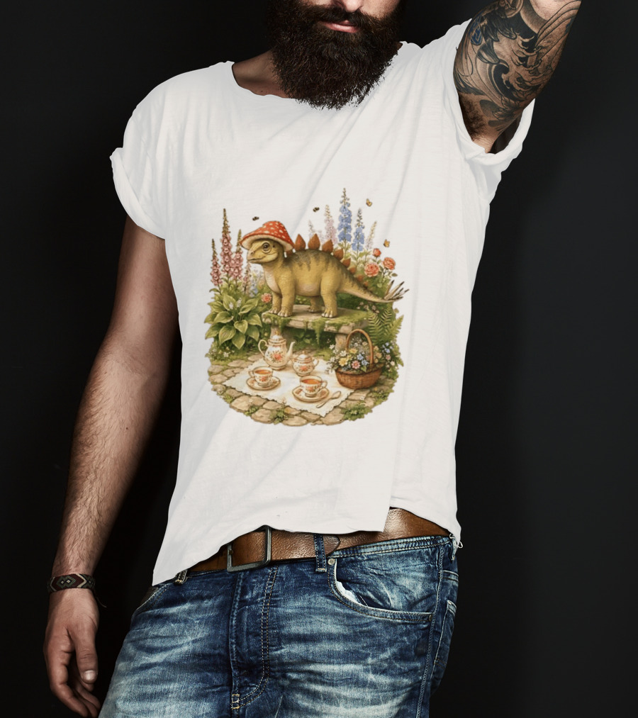 Baby Stegosaurus Wearing Red Mushroom Hat With Vintage Tea Party Garden Scene T-Shirt