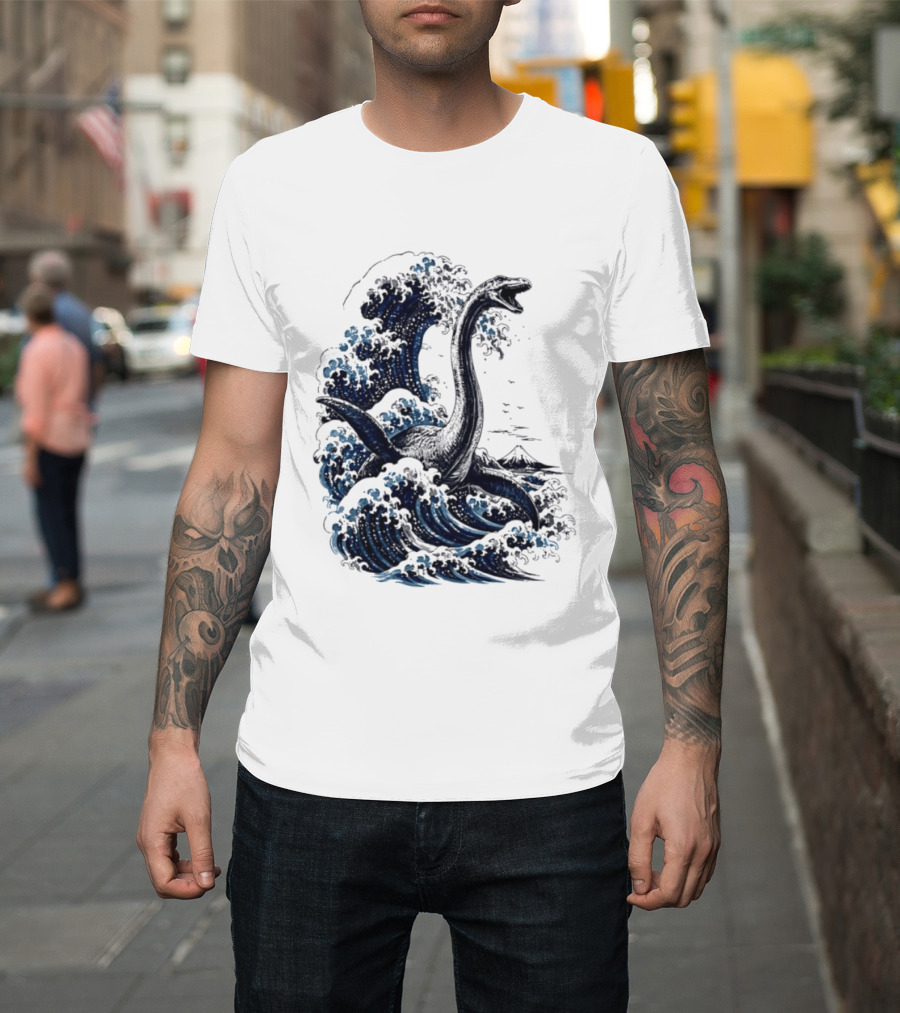 Great Wave Off Kanagawa Loch Ness Monster Mount Fuji Fusion T-Shirt