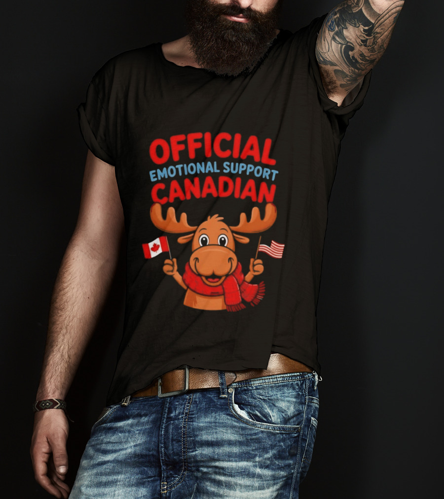 Official Emotional Support Canadian Moose With Canadian And American Flags T-Shirt
