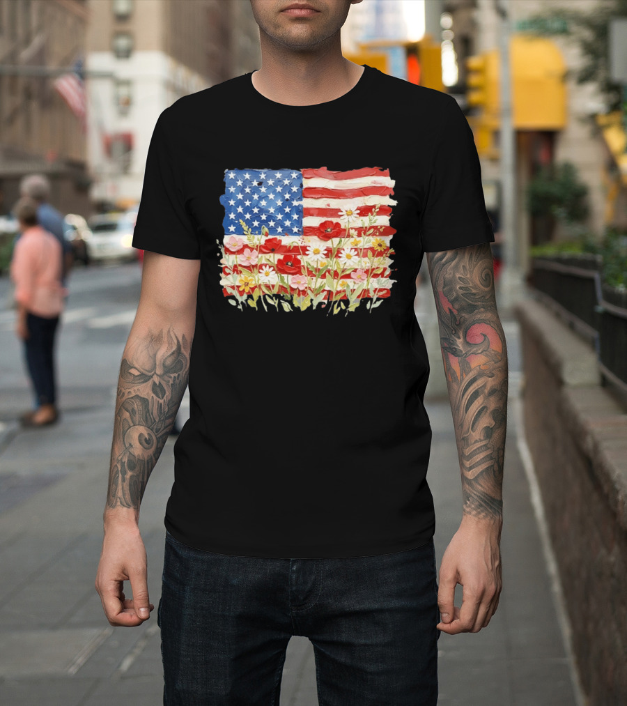 Floral American Flag With Impasto Texture And Flowers T-Shirt