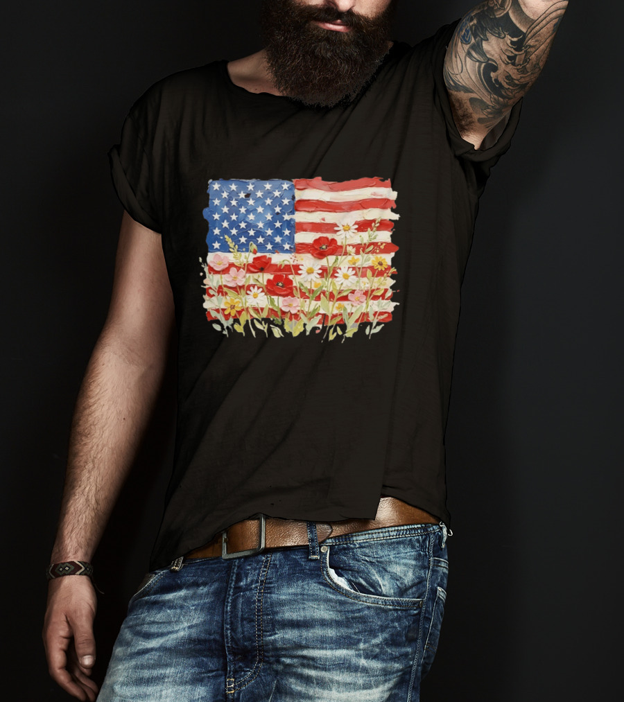 Floral American Flag With Impasto Texture And Flowers T-Shirt