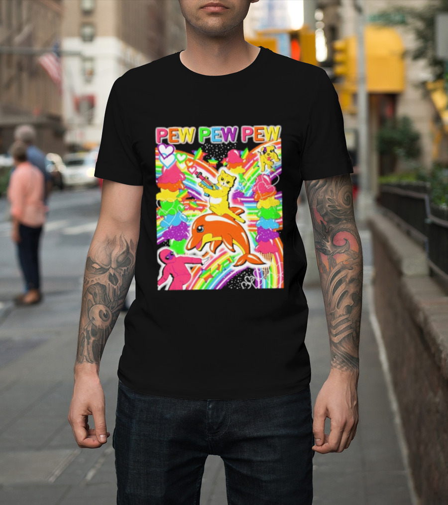 Pew Pew Pew Rainbow Pride Fun With Colorful Dolphins And Hearts T-Shirt