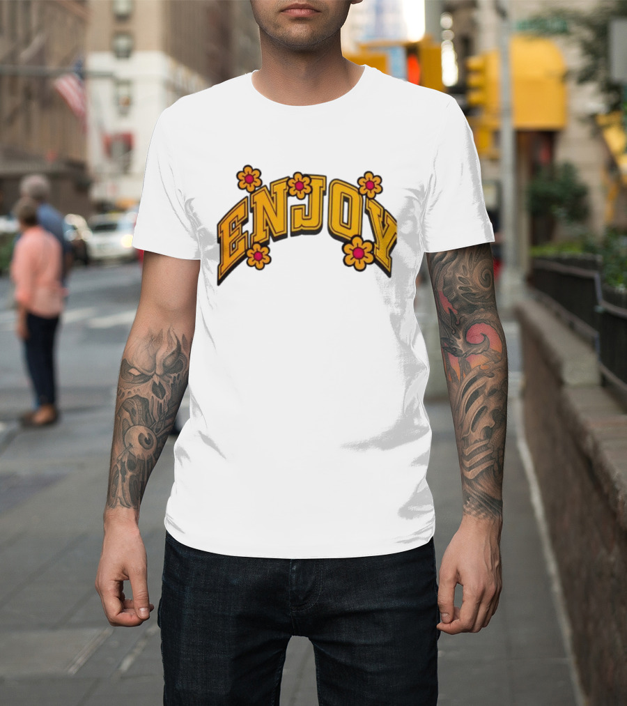 Enjoy Curved Flowers Yellow Font Floral Blossoms T-Shirt