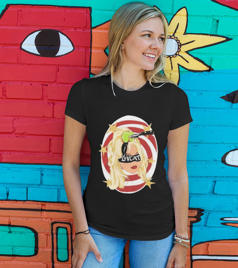 Luvcat Blonde Woman Bullseye Knife Apple Starburst T-Shirt