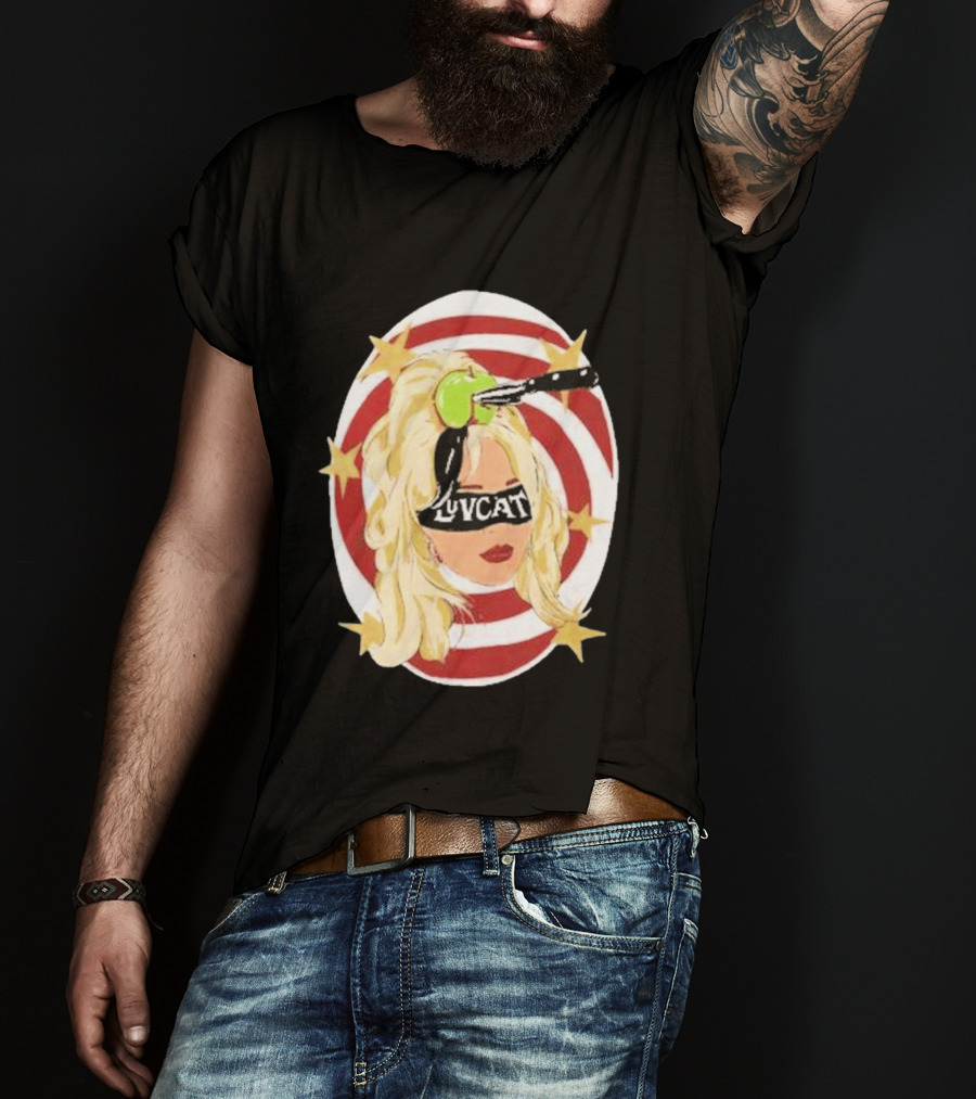 Luvcat Blonde Woman Bullseye Knife Apple Starburst T-Shirt