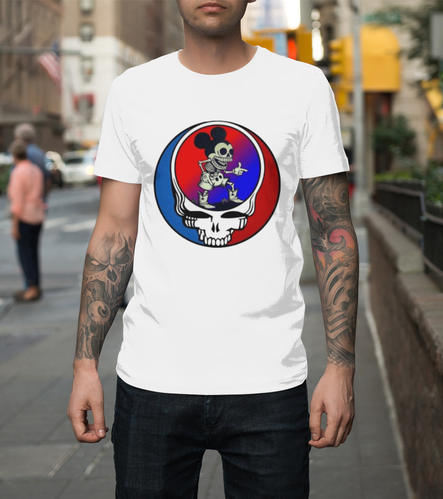 Mickey Mouse Skeleton With Grateful Dead Skull And Roses T-Shirt