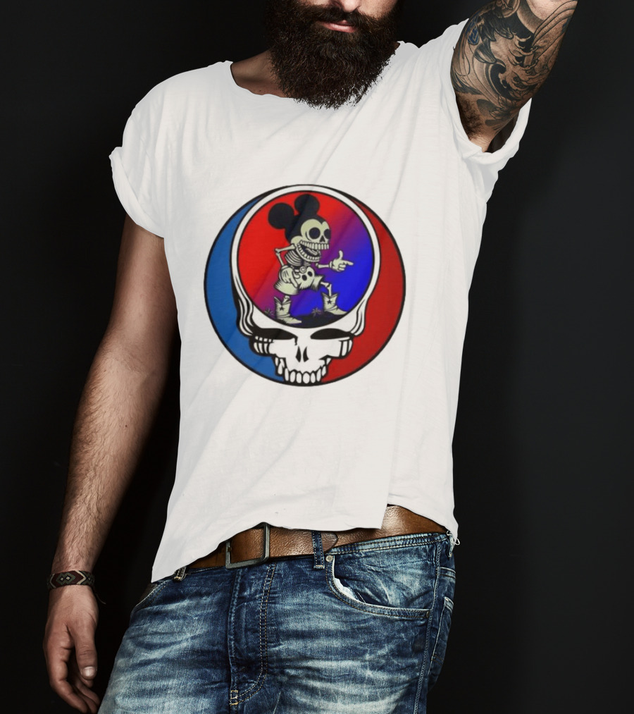 Mickey Mouse Skeleton With Grateful Dead Skull And Roses T-Shirt