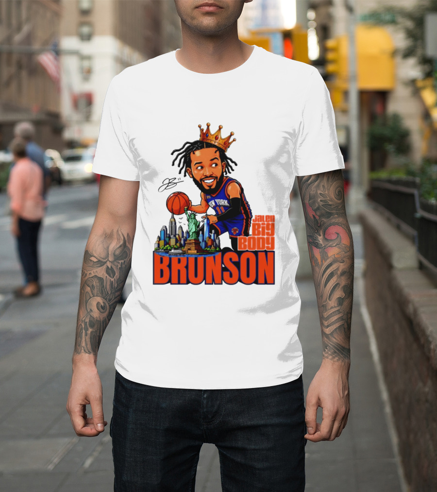 Jalen Brunson King Of NY Caricature With Statue Of Liberty And New York Skyline T-Shirt