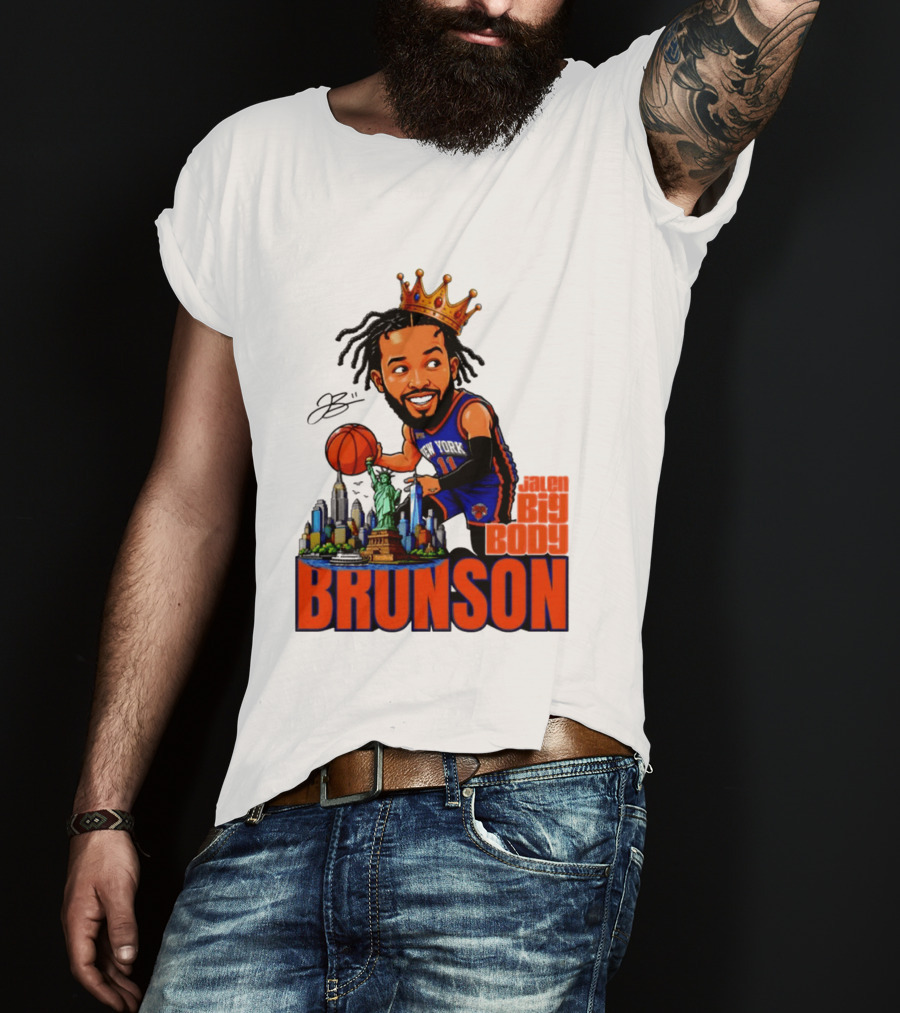 Jalen Brunson King Of NY Caricature With Statue Of Liberty And New York Skyline T-Shirt