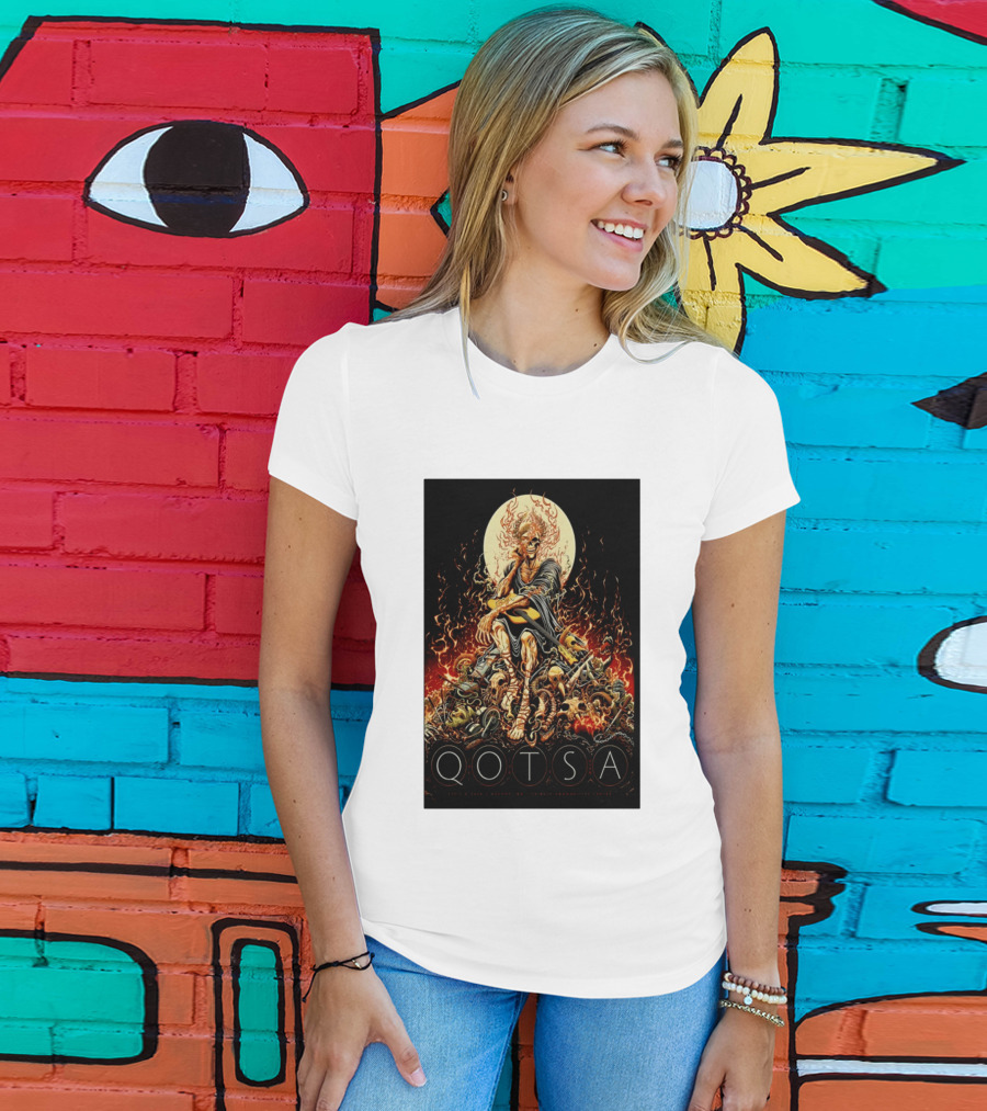 QOTSA April 8 2024 Calgary Communities Centre Flaming Skeleton Throne T-Shirt