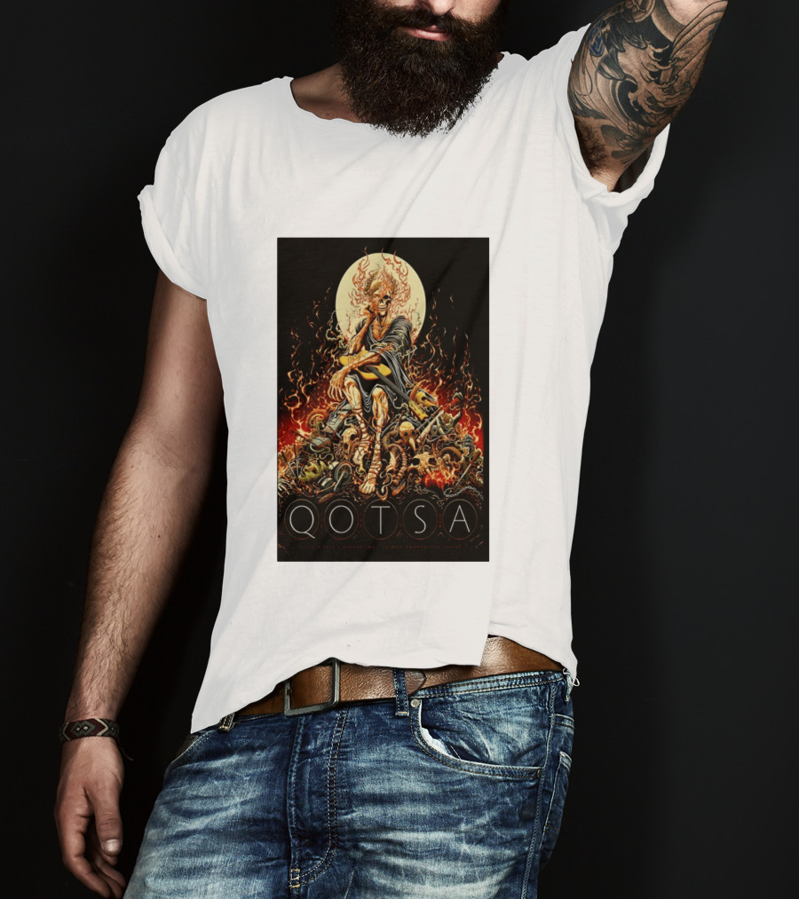 QOTSA April 8 2024 Calgary Communities Centre Flaming Skeleton Throne T-Shirt