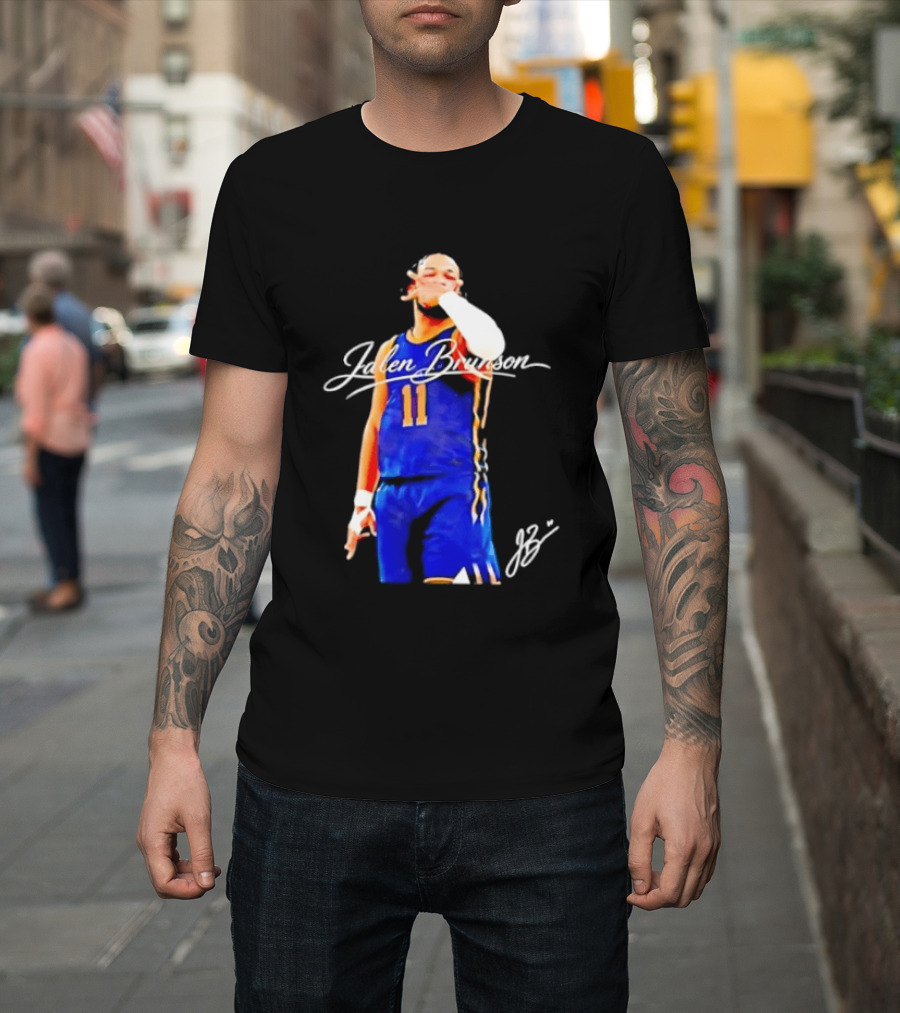 Jalen Brunson 11 Signature Gesture Basketball Blue Uniform T-Shirt