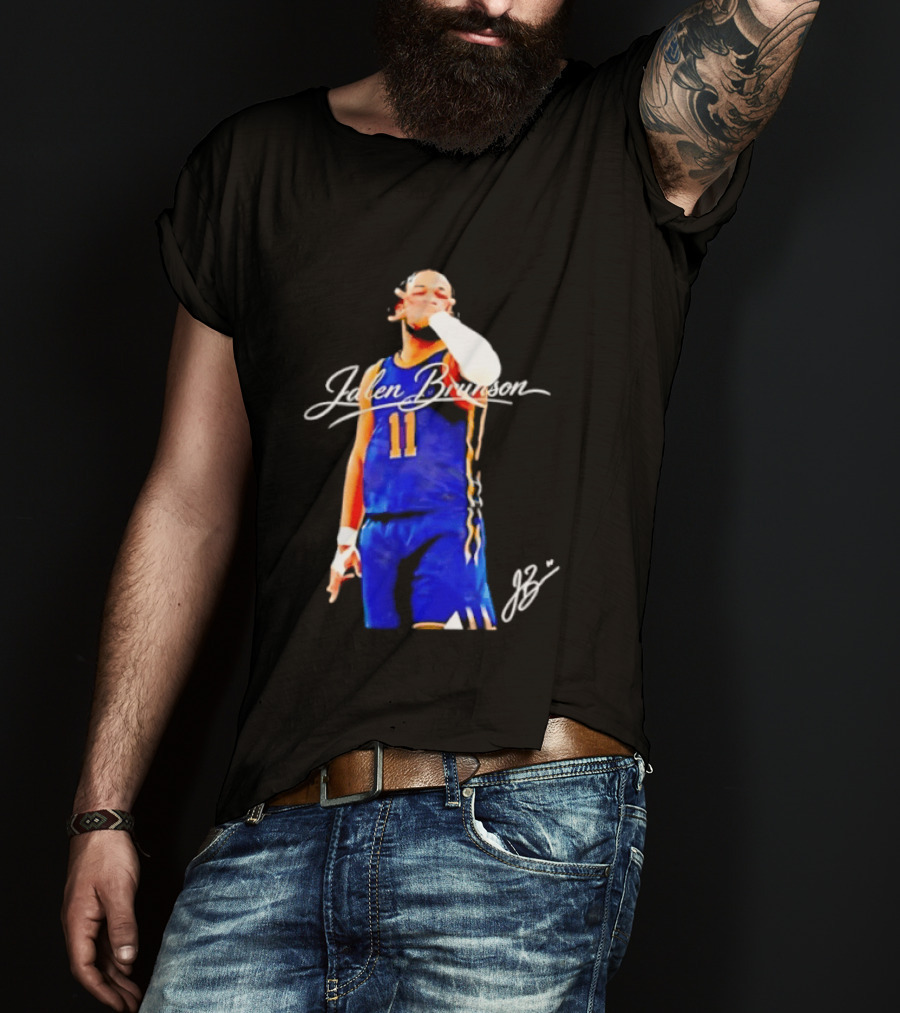 Jalen Brunson 11 Signature Gesture Basketball Blue Uniform T-Shirt