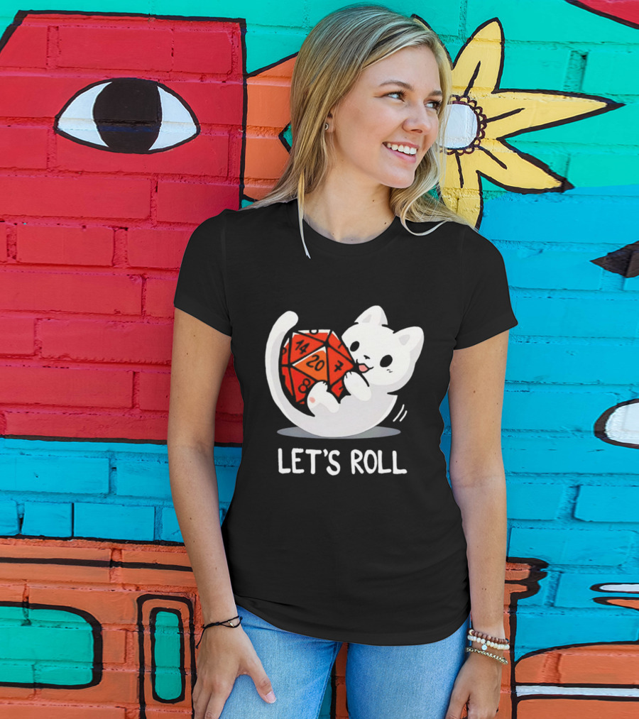 Let's Roll Cat Holding 20 Sided Die Dungeons And Dragons T-Shirt