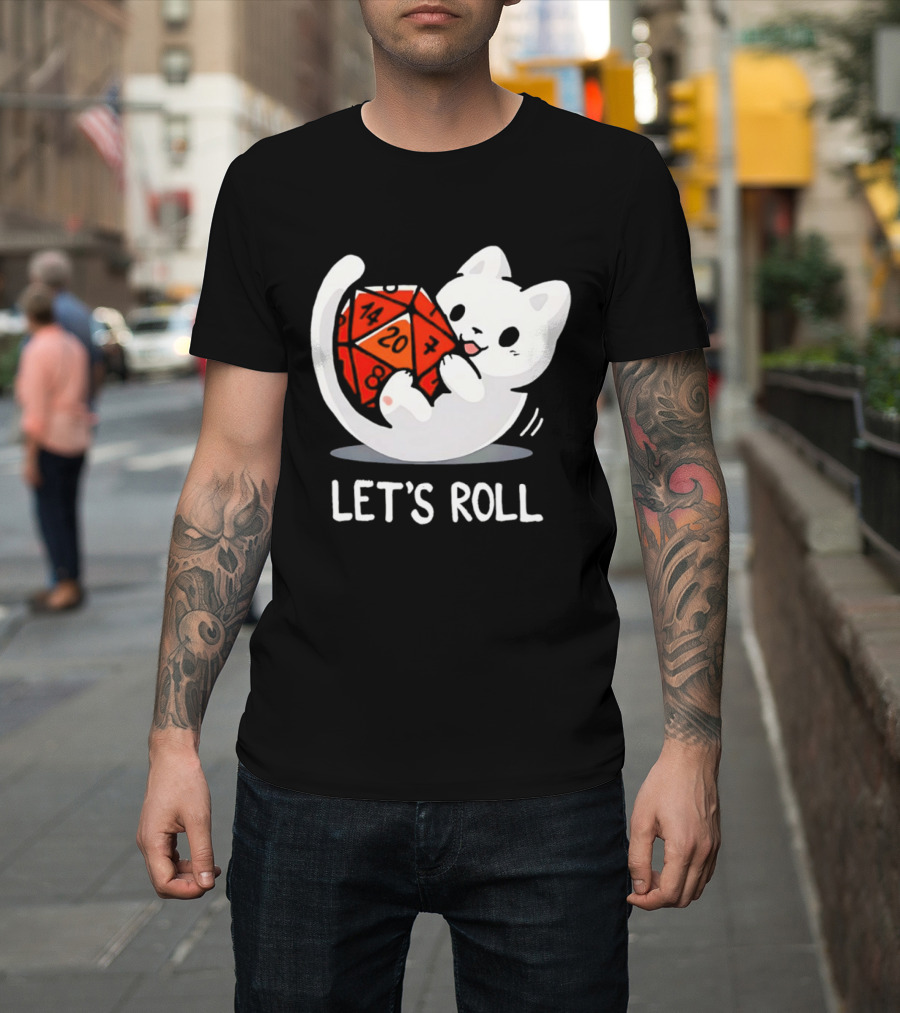 Let's Roll Cat Holding 20 Sided Die Dungeons And Dragons T-Shirt