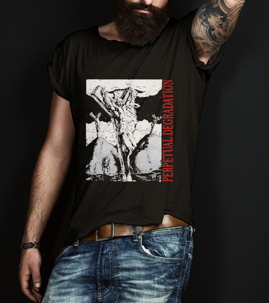 Perpetual Degradation Monster Crucifixion Skull Mountains Clouds T-Shirt