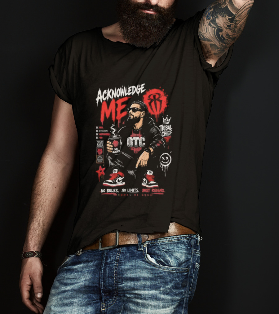 WWE Roman Reigns Acknowledge Me Tribal Chief OTC Red And White T-Shirt