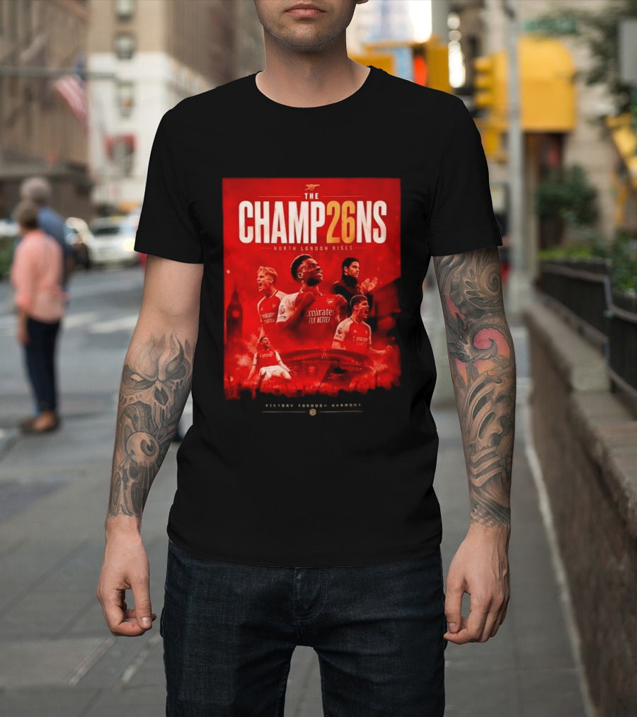 Arsenal FC The Champ26ns North London Rises Emirates Fly Better 2026 T-Shirt