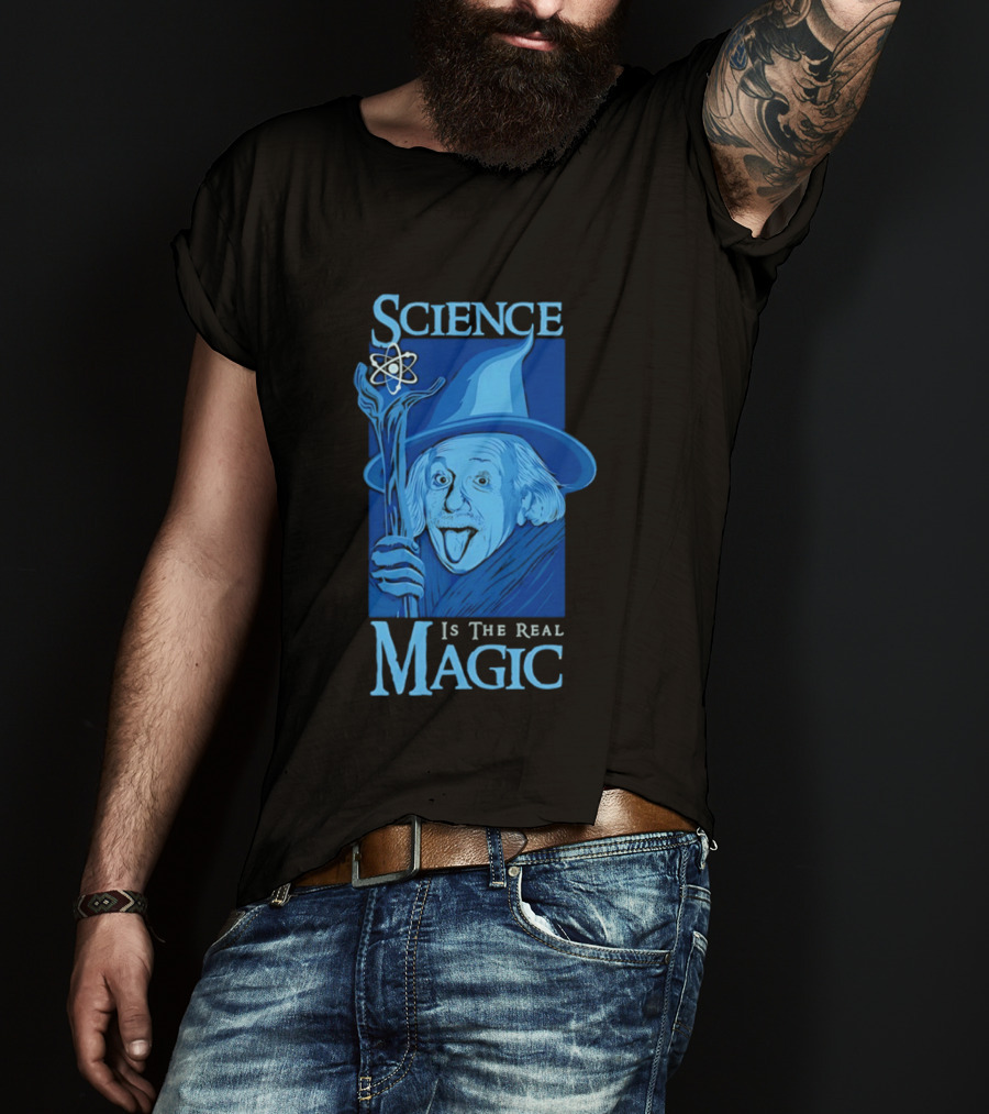Science Is The Real Magic Einstein Wizard Motif T-Shirt