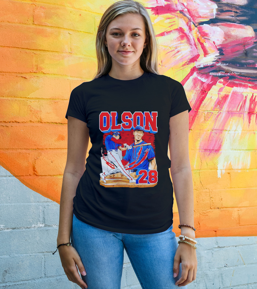 Olson 28 Baseball Player Blue And Red Hand Drawn T-Shirt