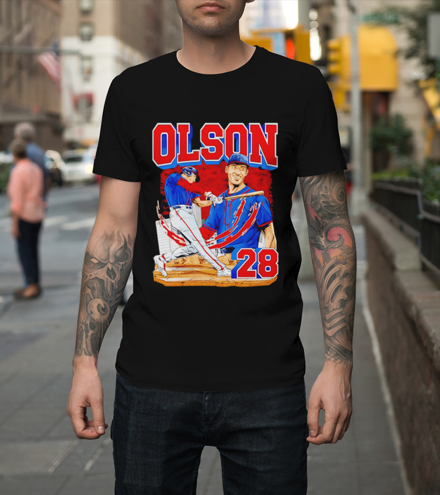 Olson 28 Baseball Player Blue And Red Hand Drawn T-Shirt