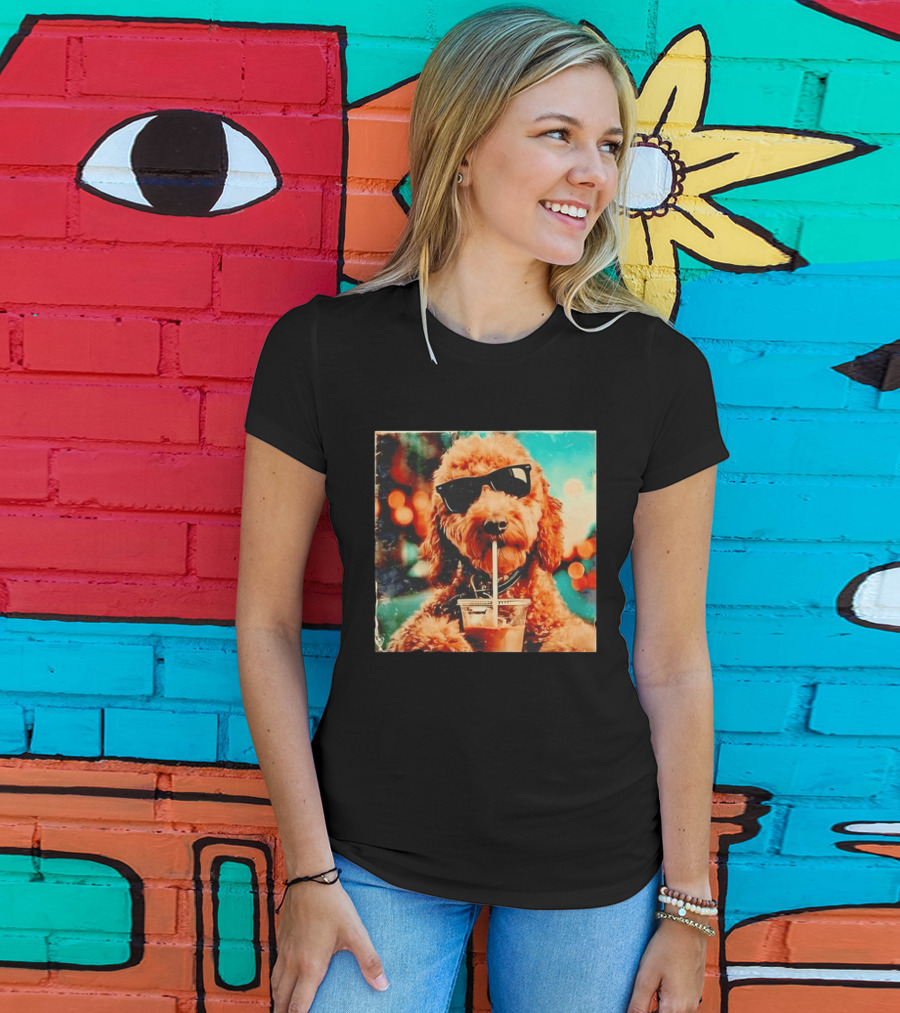 Goldendoodle With Sunglasses Enjoying Iced Coffee Retro Cool Vibes T-Shirt