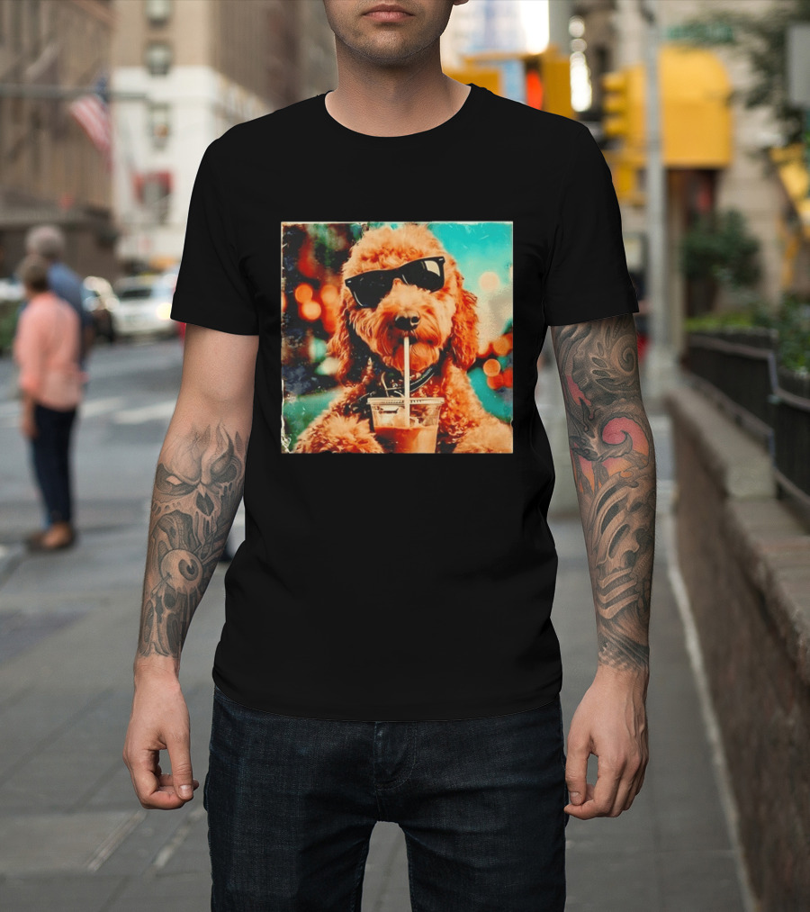 Goldendoodle With Sunglasses Enjoying Iced Coffee Retro Cool Vibes T-Shirt