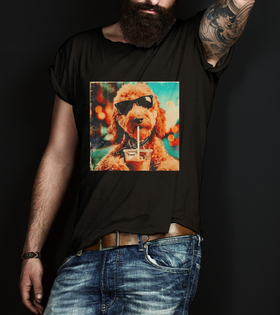 Goldendoodle With Sunglasses Enjoying Iced Coffee Retro Cool Vibes T-Shirt