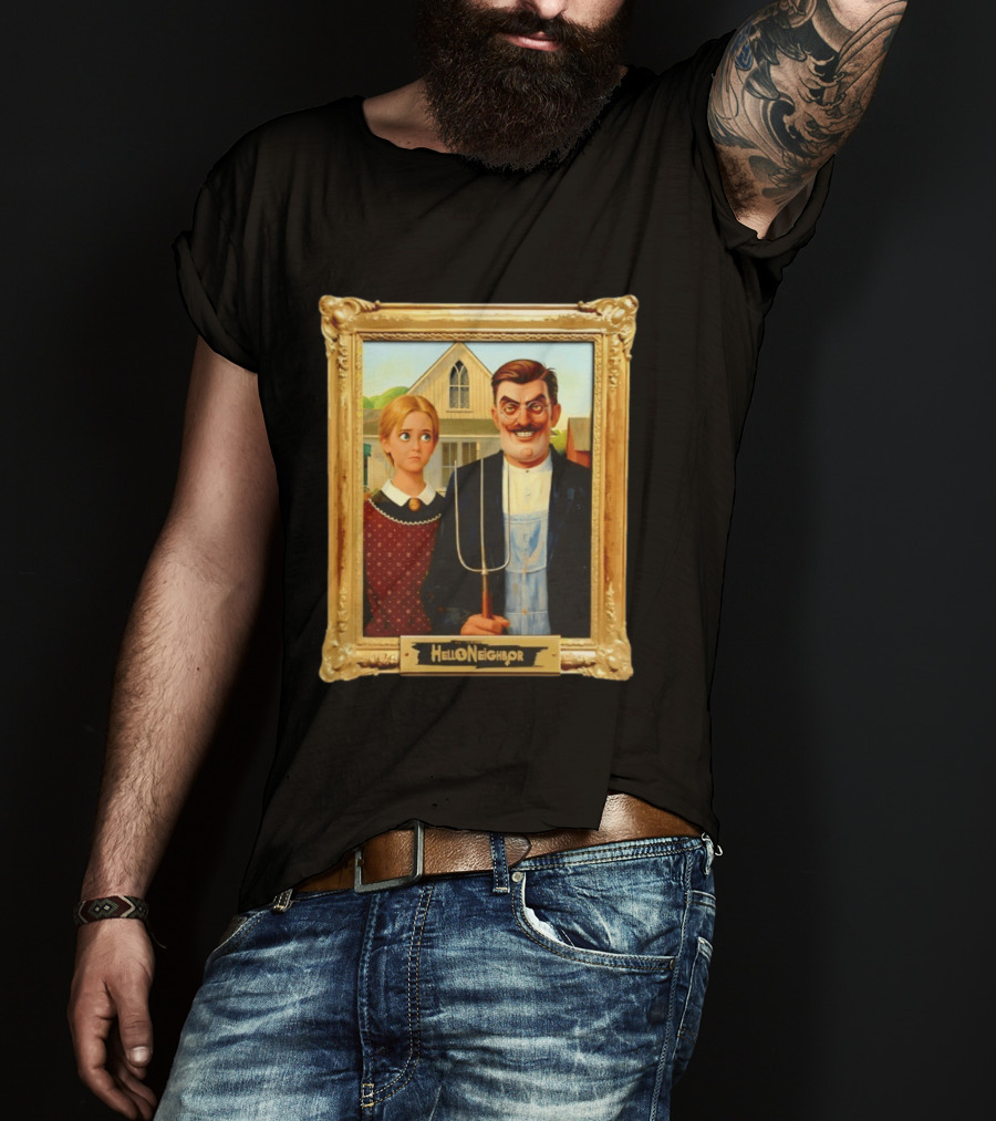Hello Neighbor American Gothic Man Pitchfork Girl Painting Frame T-Shirt